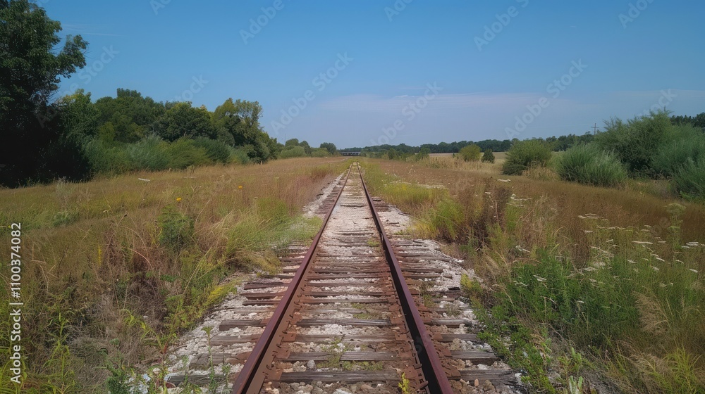 Obraz premium Abandoned railway tracks disappearing into overgrown fields under a clear blue sky.