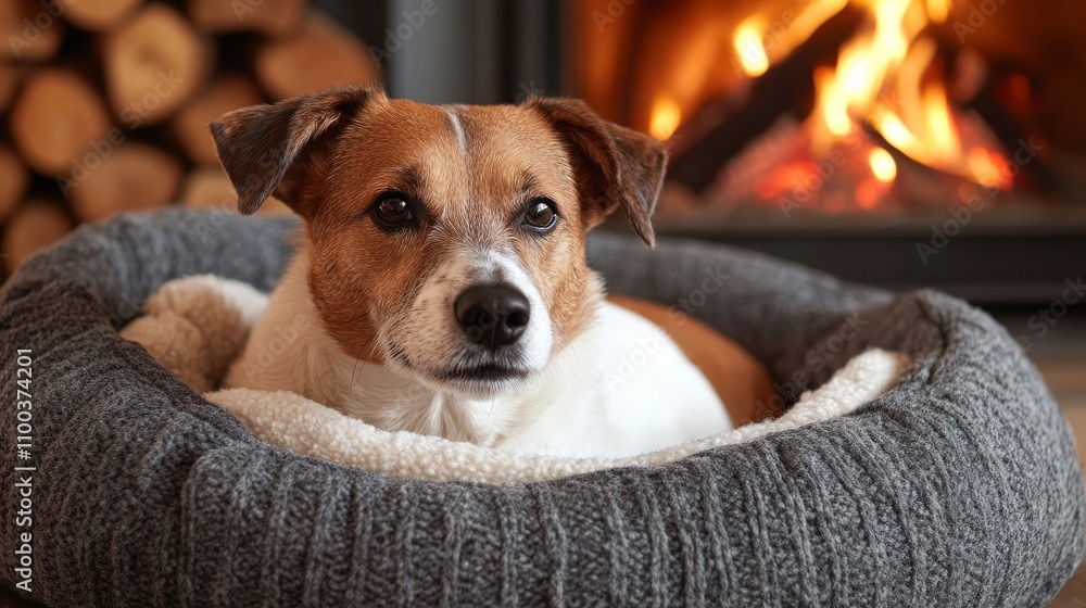 Obraz premium Jack Russell Terrier Relaxing In Cozy Dog Bed Near Fireplace