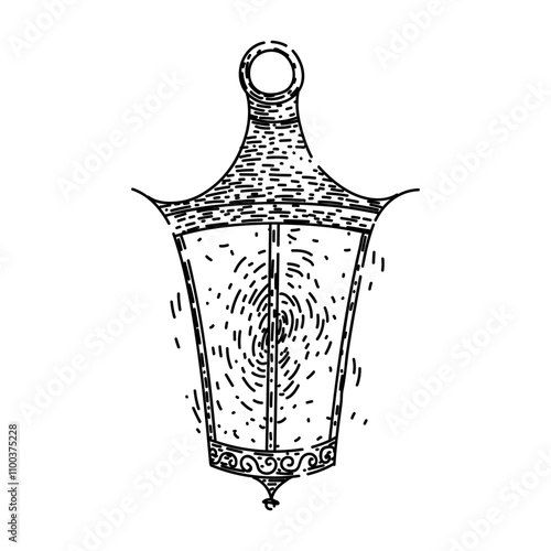 oil vintage lantern hand drawn. brass metal, glass decor, lighting camping oil vintage lantern vector sketch. isolated black illustration