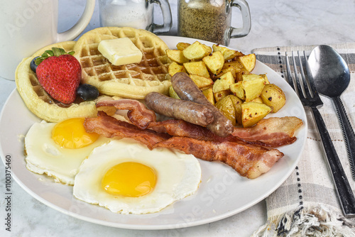 fried eggs with sausage , bacon and waffles