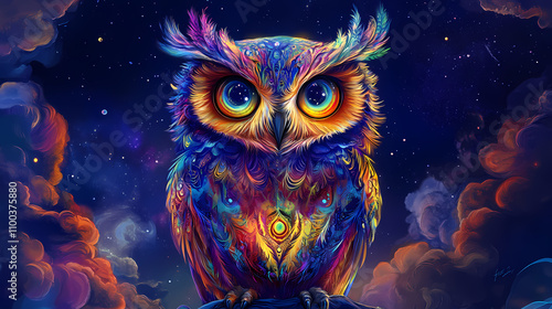Mystical owl with wide eyes, colorful feathers in psychedelic patterns, surreal night sky. Psychedelic. Illustration