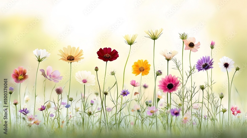 Fototapeta premium Vibrant Field of Wildflowers under Golden Sunlight with Soft Watercolor Brushstrokes