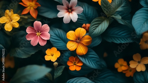 Vibrant Flowers Bloom Amidst Lush Dark Green Leaves