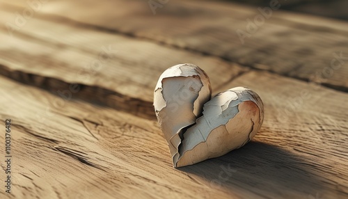 Cracked heart-shaped object on rustic wooden surface. Heartbreak, emotional pain, resilience concept. Ideal for emotional storytelling, relationship articles, mental health campaigns photo