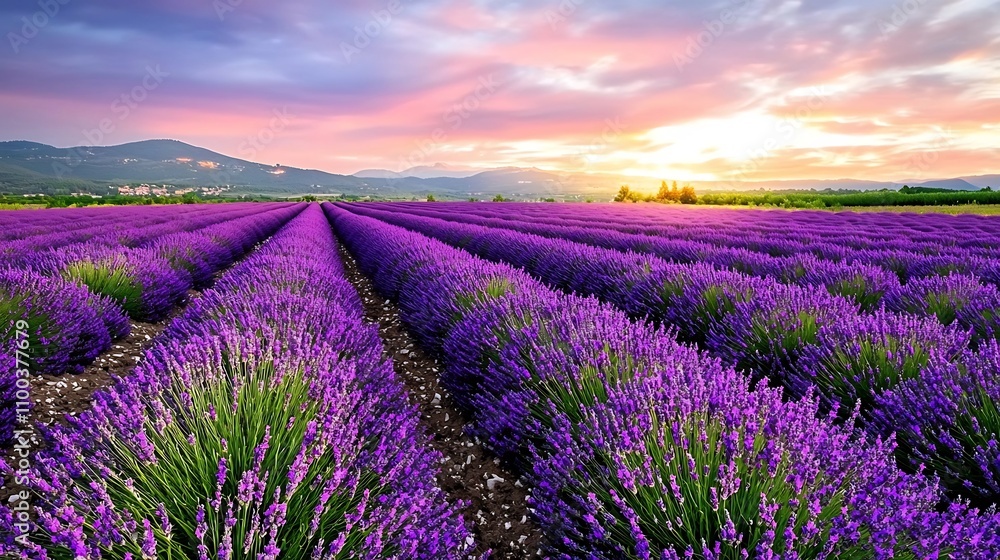 Obraz premium Lavender Field at Dusk with Glowing Sunset Sky and Purple Pink Hues
