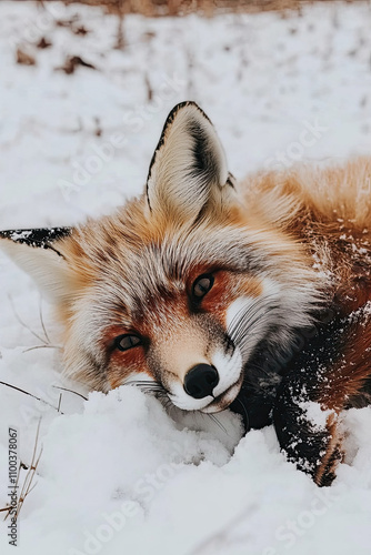 Adorable wild red fox with fluffy fur and brown eyes lying on snowy ground in winter nature of Gran Paradiso National Park photo