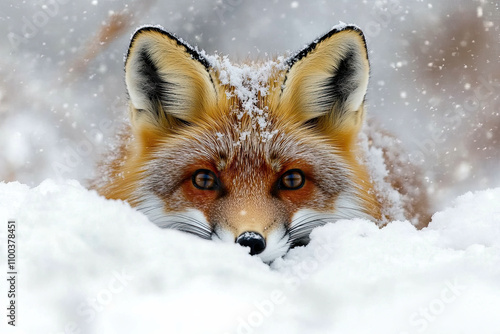 Adorable wild red fox with fluffy fur and brown eyes lying on snowy ground in winter nature of Gran Paradiso National Park photo