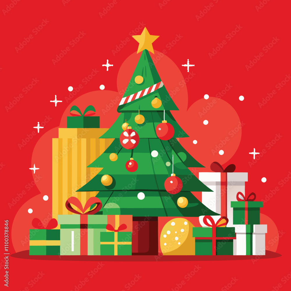 Fototapeta premium red christmas background with decorated christmas tree and presents