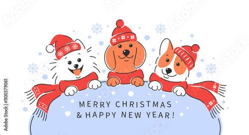 Dogs in winter clothes congratulations Merry Christmas and New Year. Vector illustration for clothing and accessories store for animals, discounts or sales in veterinary clinic and Pet grooming.