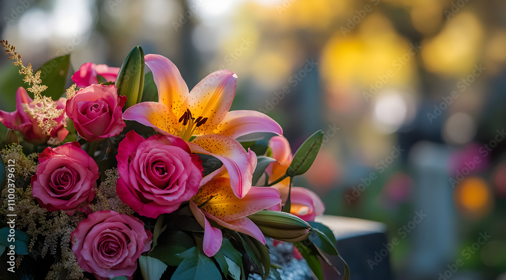 Pink and Red Funeral Flowers on a Grave in a Cemetery, AI GENERATIVE Pink and Red Funeral Flowers on a Grave in a Cemetery, AI GENERATIVE