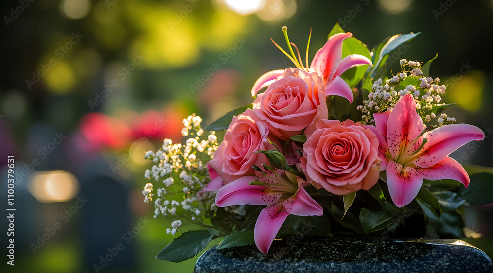 Fototapeta premium Pink and Red Funeral Flowers on a Grave in a Cemetery, AI GENERATIVE