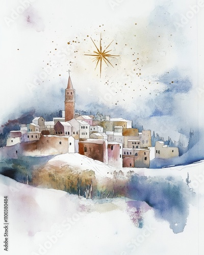 Christmas star shining over bethlehem watercolor landscape