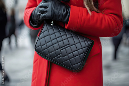 Close-up photo of trendy black quilted faux leather baguette bag, purse in fashionable winter outfit. Woman wearing red coat, gloves, posing in street. Copy, empty, blank space for text photo