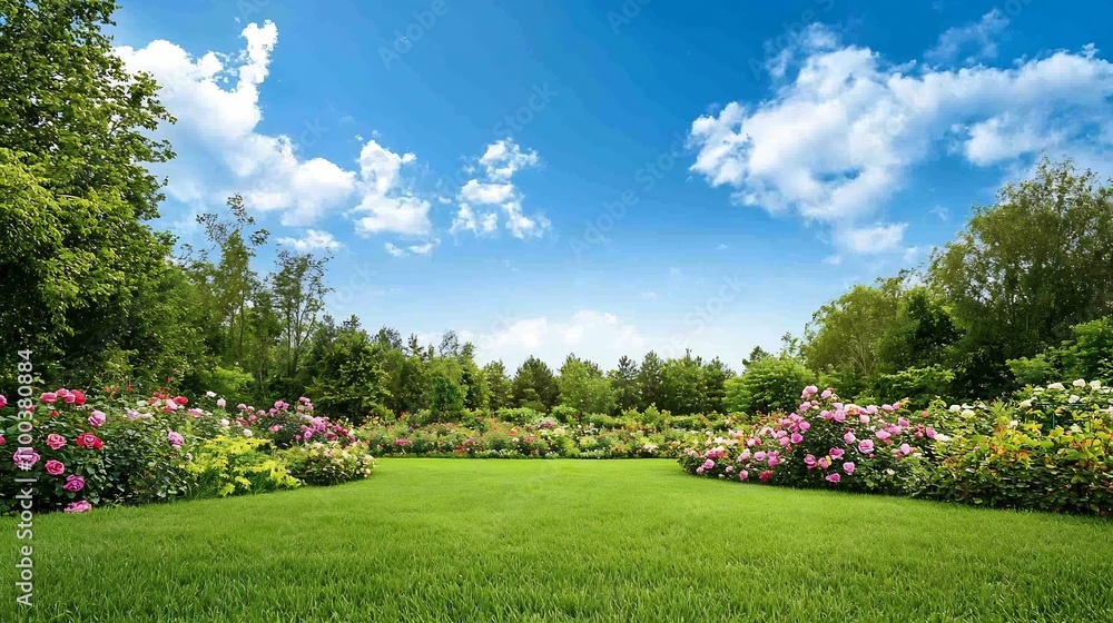 Fototapeta premium Stunning Rose Garden Surrounded by Lush Green Foliage and Bright Blue Skies