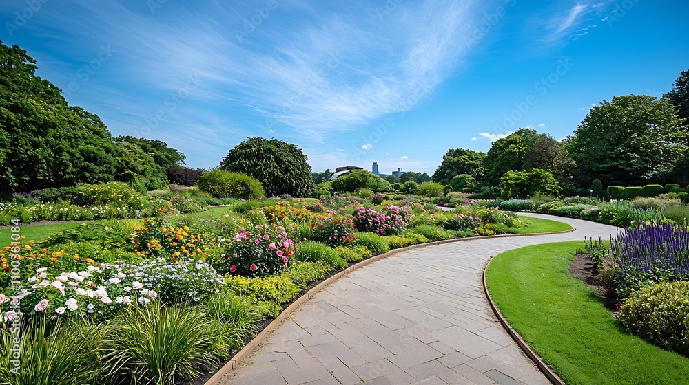 Obraz premium Lush Rose Garden Surrounded by Verdant Foliage Under Bright Blue Sky