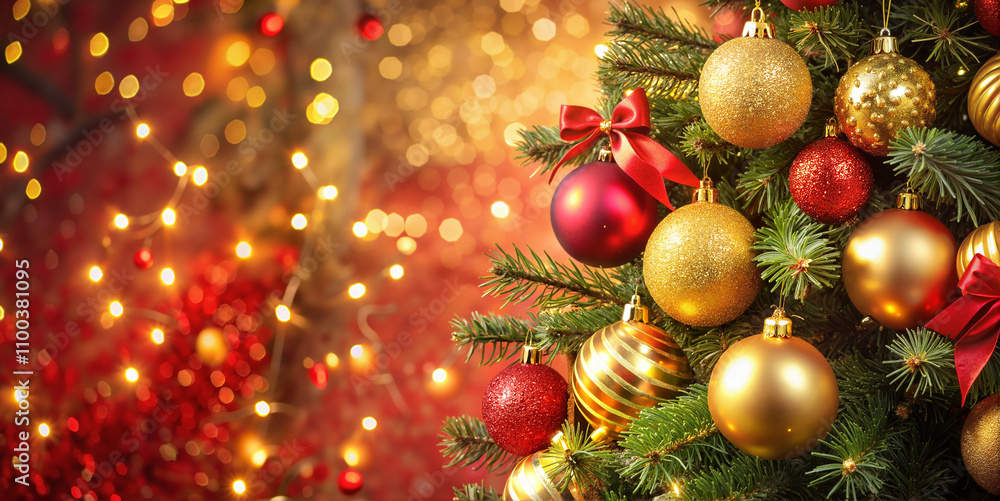 Obraz premium Christmas tree with red and gold ornaments and ribbons