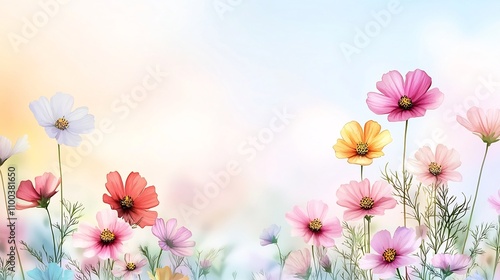 Vibrant Watercolor Floral Field with Swirling Soft Pastel Skies