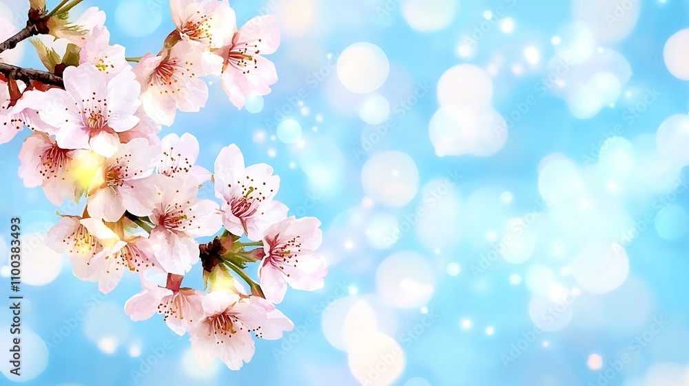 Fototapeta premium Delicate Cherry Blossoms Blend Effortlessly into the Serene Sky with Glowing Watercolor Textures
