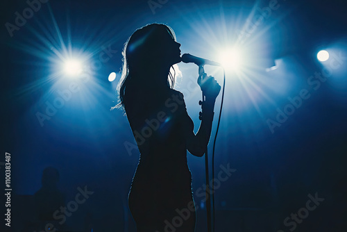 Silhouette of a singer in front of bright stage lights photo