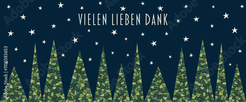 Vielen lieben Dank - Schriftzug in deutscher Sprache. Dankeskarte mit abstrakten Tannenbäumen vor einem Sternenhimmel.