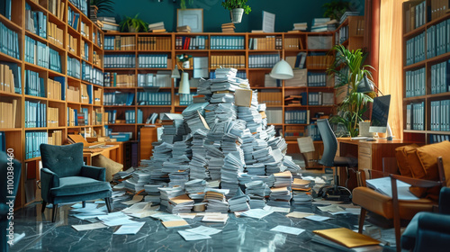 Business office table or desk full of pile or stack of many papers, paperwork documents, bureaucracy.