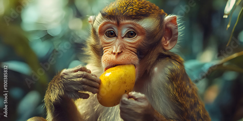 Monkey Eating a Yellow Fruit Close-up photo