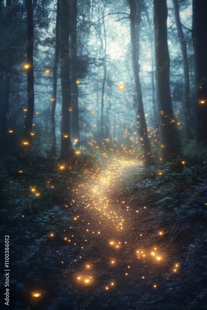 Obraz premium Enchanted forest path, glowing fireflies.