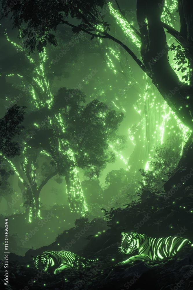 Fototapeta premium Glowing forest, two resting tigers.