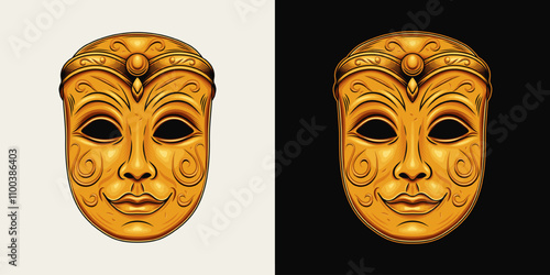 Carnival golden luxury venetian face mask. Detailed illustration in vintage style. Front view.