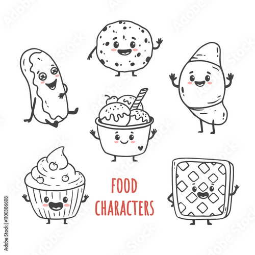 set of cartoon food characters isolated on white. Ice cream, Viennese waffle , cupcake, croissant and cookie, eclair in doodle style. Vector illustration