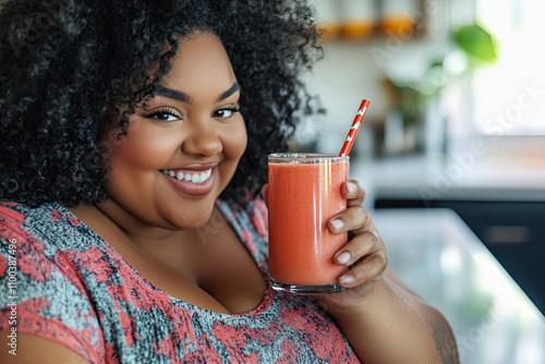 Woman, plus-size, enjoying a smoothie with a smile photo