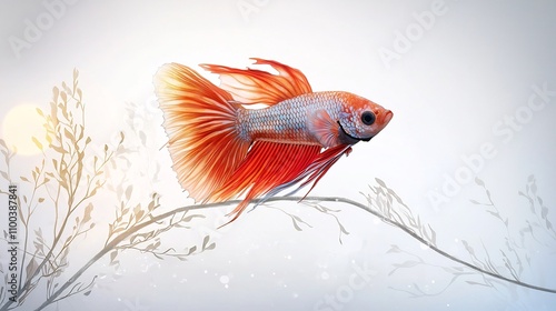 Vibrant Watercolor Betta Fish on Delicate Underwater Branches with Shimmering Kelp Design photo