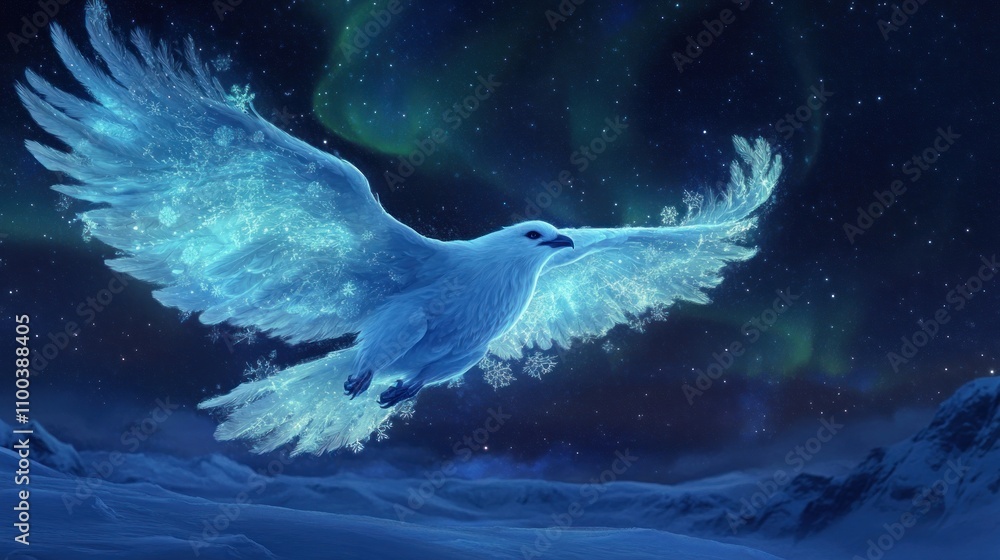Obraz premium A majestic, ethereal bird made of ice flies against a starry sky with auroras.