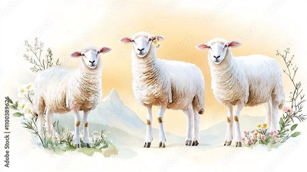 Fototapeta premium Soft Watercolor Painting of Fluffy Sheep Amidst Delicate Branches and Warm Ochre Backdrop