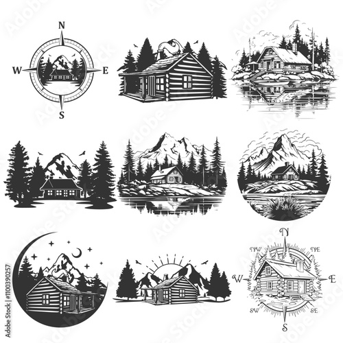 Cabin Compass Illustration Clip Art Design Shape. Lake Cottage Silhouette Icon Vector.	