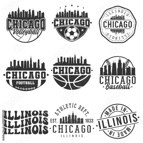 Chicago, IL, USA Sport Bundle Vector Art. City Skyline School Team Emblem.