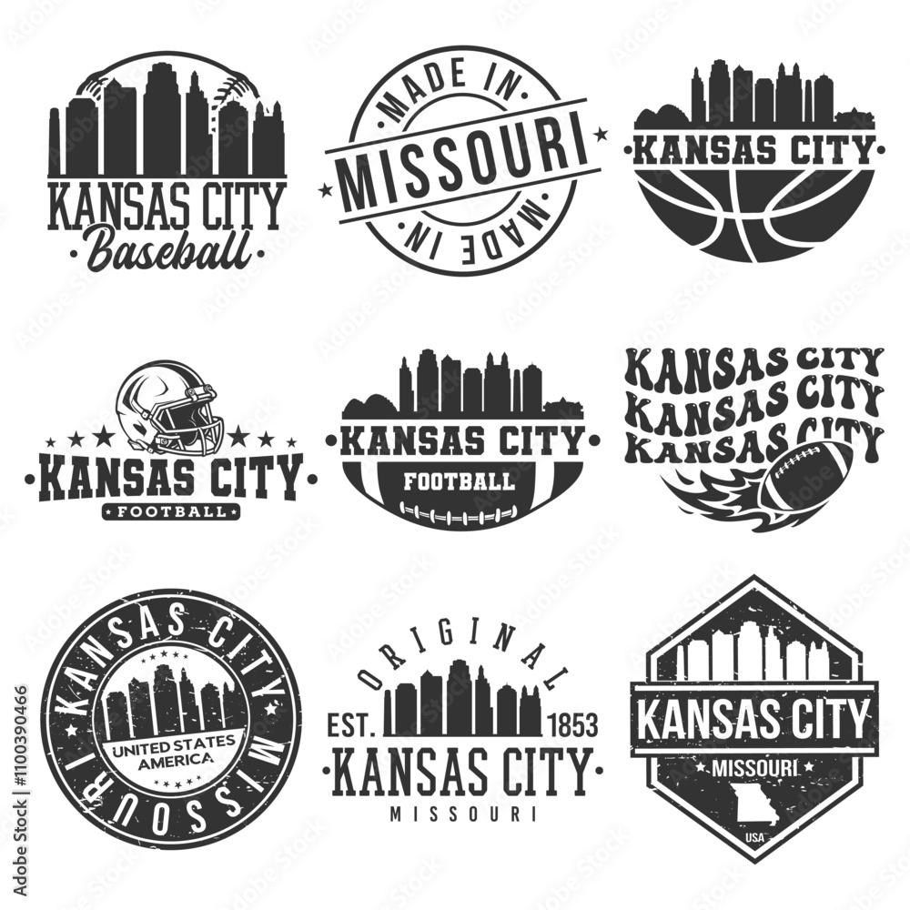 Fototapeta premium Kansas City, MO, USA Sport Bundle Vector Art. City Skyline School Team Emblem.