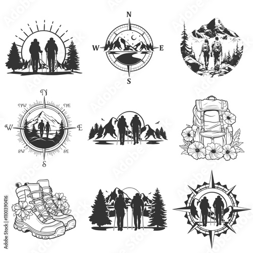 Hiking Couple Illustration Clip Art Design Shape. Mountains Silhouette Icon Vector.