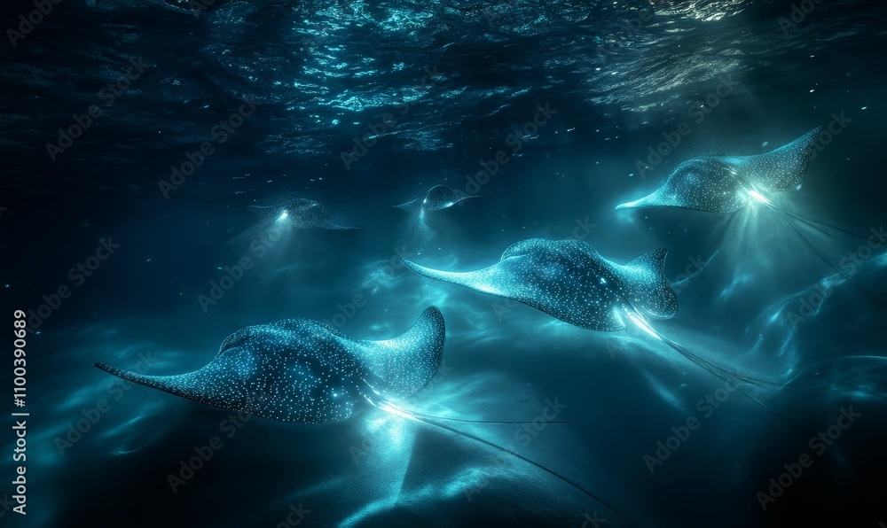 Fototapeta premium Glowing manta rays swim in dark ocean.