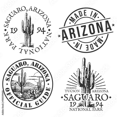 Saguaro, National Park, Arizona Silhouette Postal Passport. Stamp Round Vector Icon. Design Travel Postmark.	

