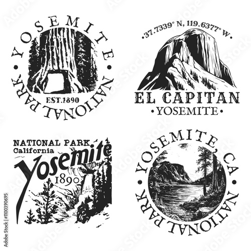 Yosemite, California, United States Illustration Clip Art Design Shape. National Park Vintage Icon Vector Stamp.	