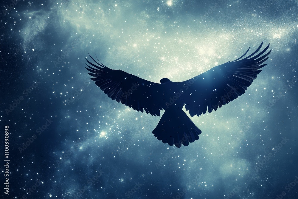 Fototapeta premium Silhouetted bird soars through starry cosmos.