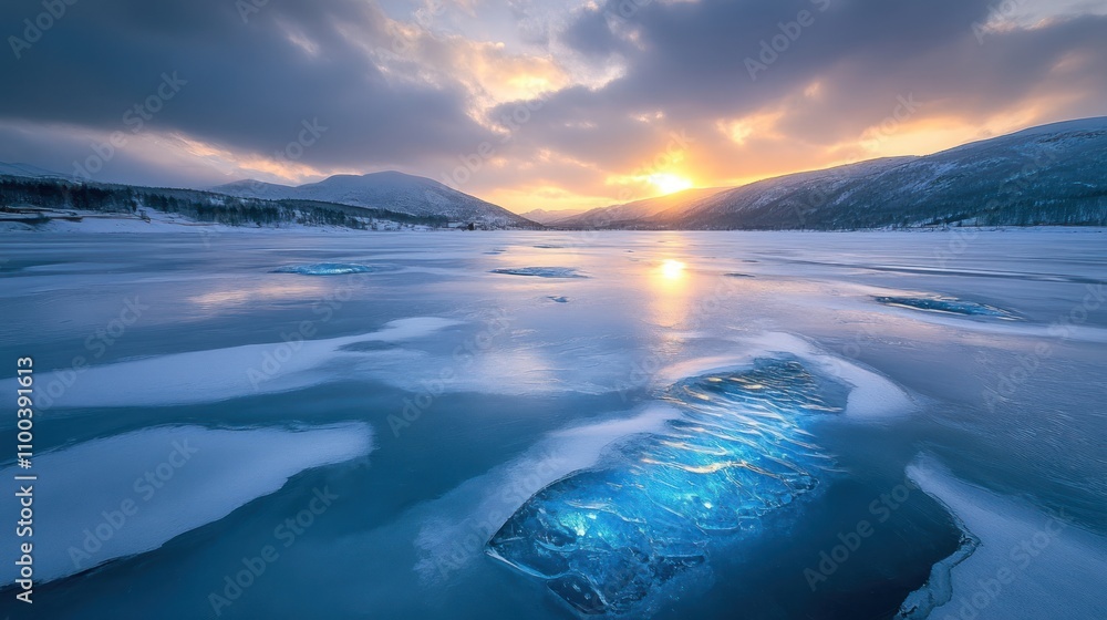Fototapeta premium A serene winter landscape with a frozen lake reflecting the sunset and surrounding mountains.
