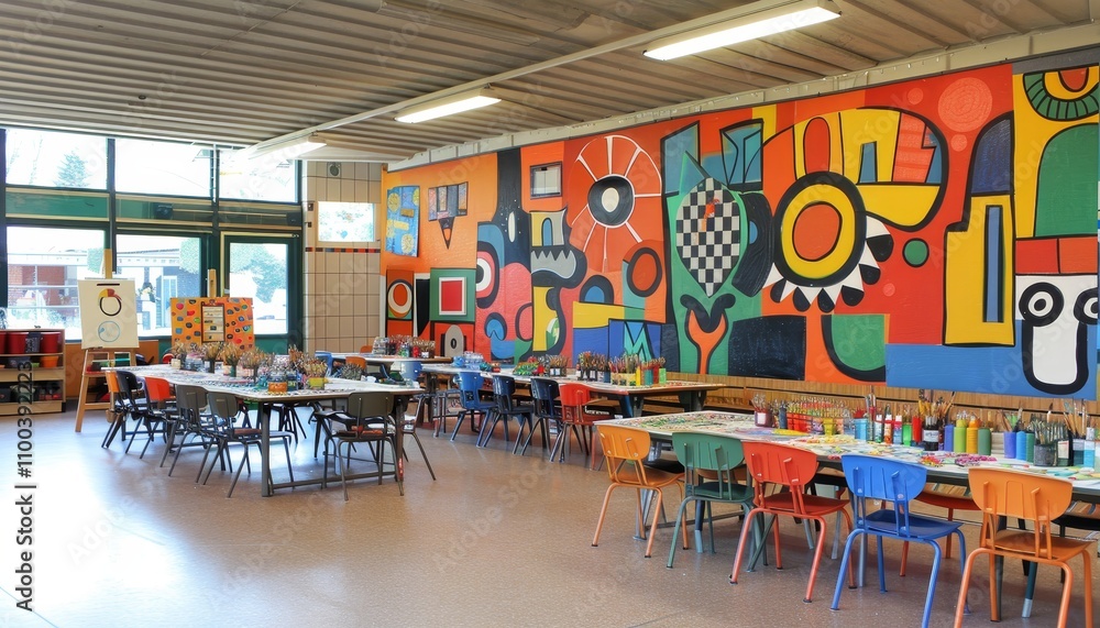Fototapeta premium Creative art room filled with colorful supplies, canvases, and unfinished masterpieces on easels
