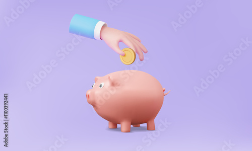 3D vector pig piggy bank deposit earning income businessman hand holding money savings on purple background. Education economy safe financial services profit investment.