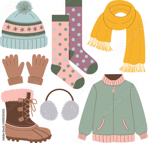 Winter clothing: hat, socks, scarf, gloves, boots, earmuffs, and a jacket