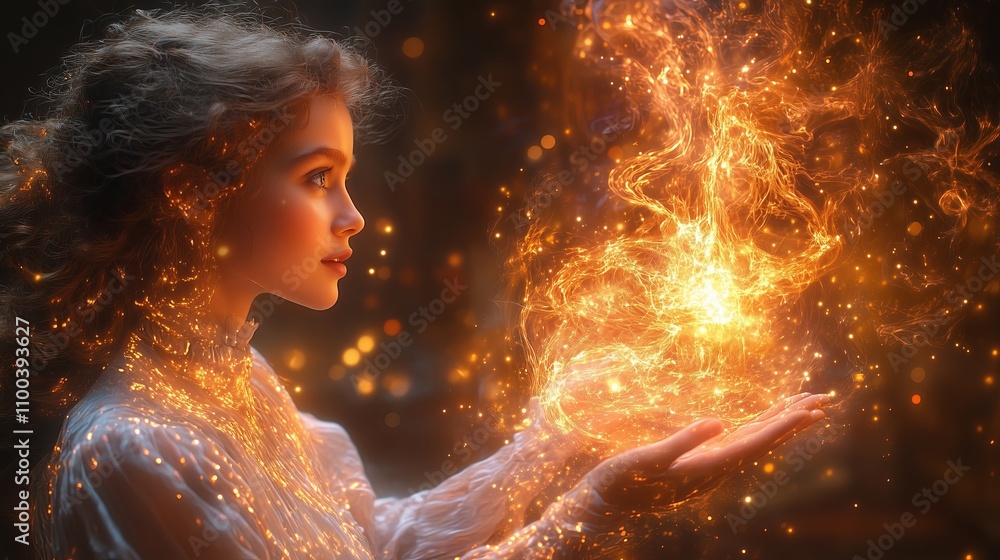 Naklejka premium Enchanted girl with glowing magic energy in hands creating mystical atmosphere