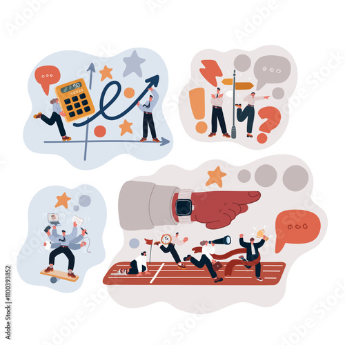 Cartoon vector illustration of business teams navigating challenges, making decisions, and multitasking in their careers