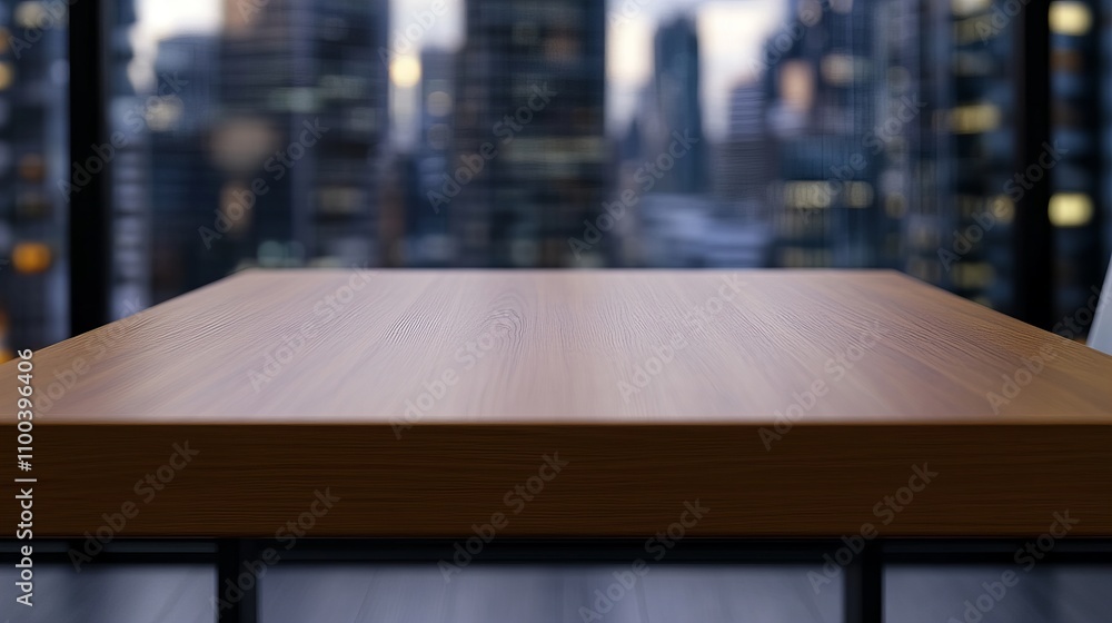 A modern wooden table with a sleek finish against a city skyline view. A modern wooden table with a sleek finish against a city skyline view.
