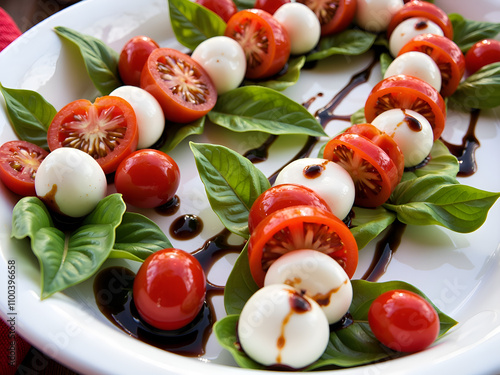 Vibrant caprese salad with fresh basil, cherry tomatoes, and creamy mozzarella balls, photography of food art concept. photo